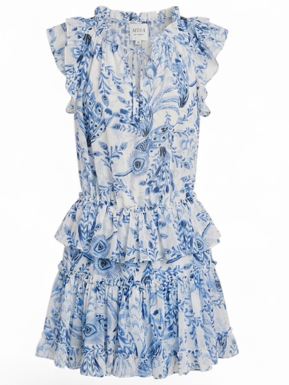 MISA XS Lillian Dress in blue and white peacock print with ruffle tiers